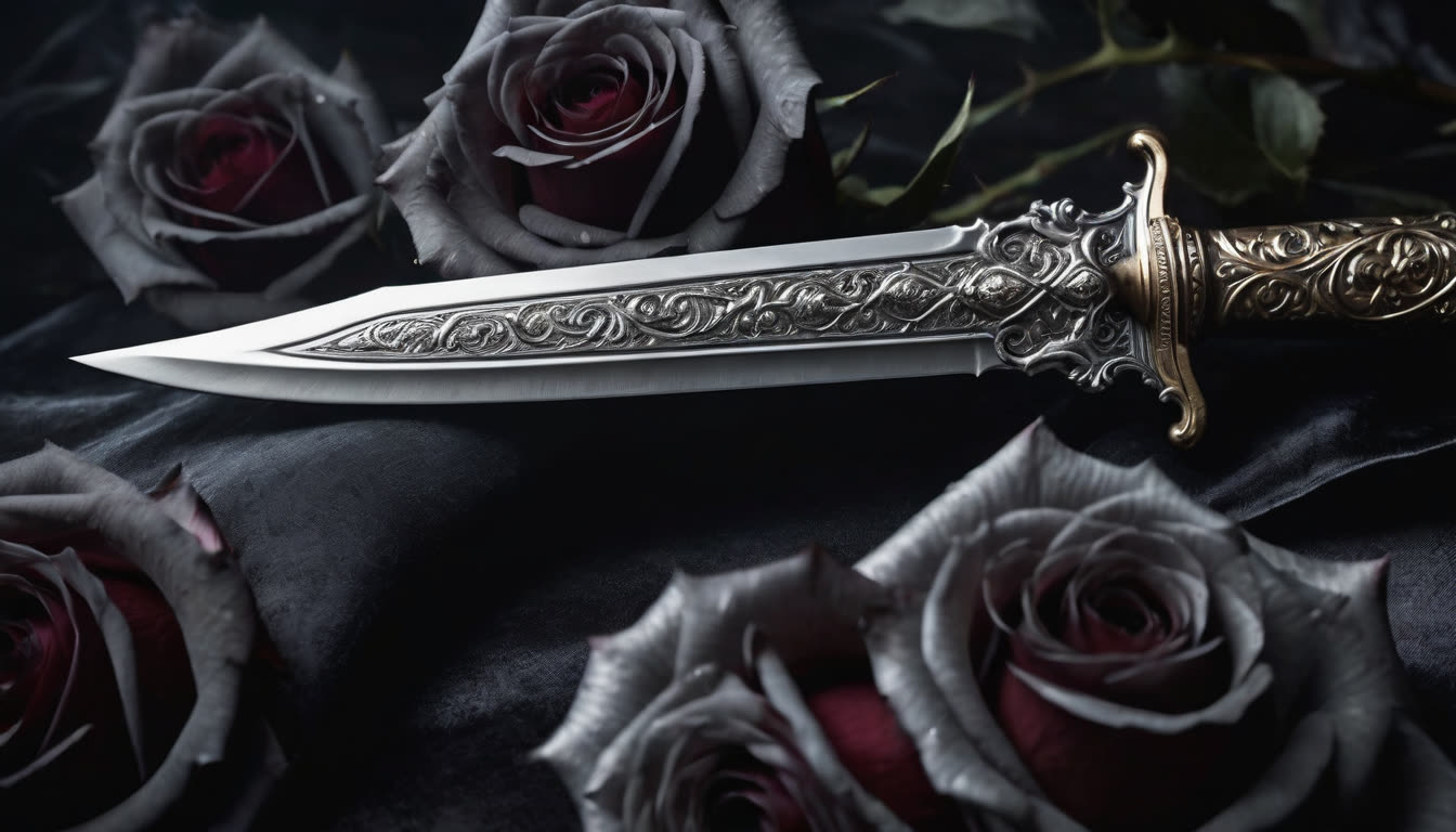 An ornate silver dagger resting on black roses in a dark, moody setting.