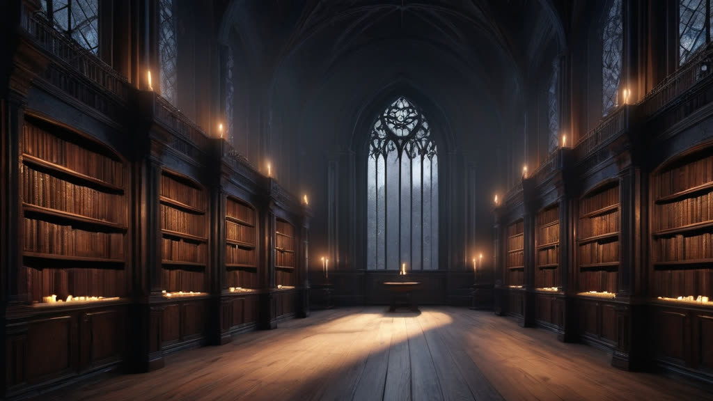 A dark, atmospheric gothic library lit by a single candle.