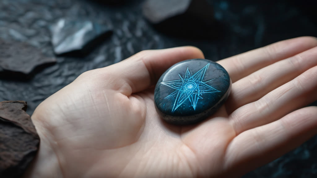 A hand touching a glowing blue magical symbol on dark stone.