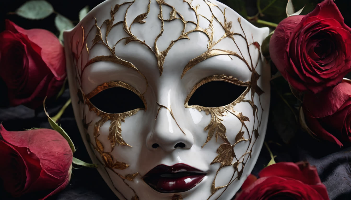 A cracked porcelain mask resting among wilted red roses in moody, dark lighting.