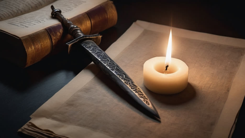 A flickering candle and a dagger on old parchment, symbolizing hidden truths.