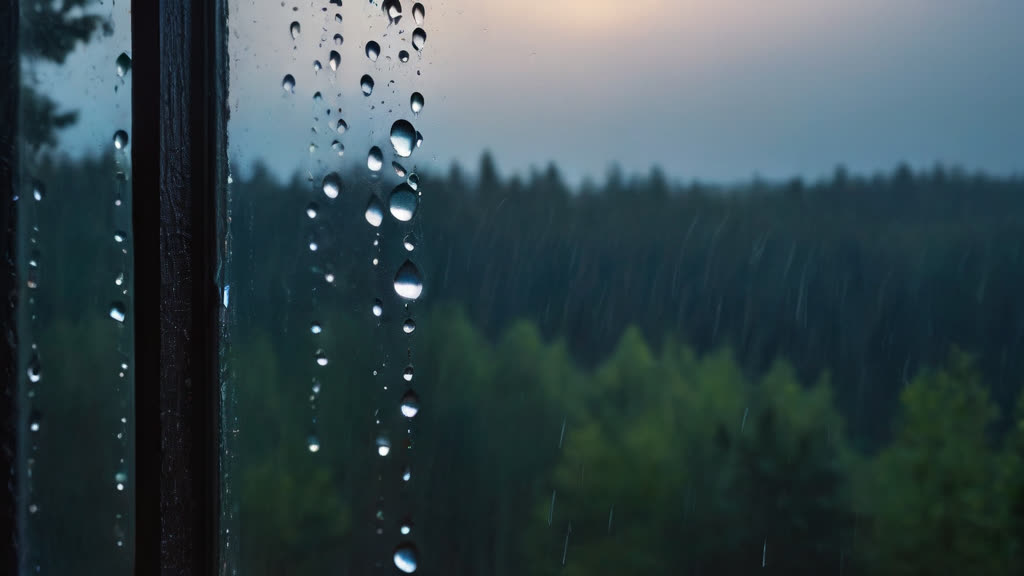 Raindrops on a windowpane overlooking a dark, misty forest.