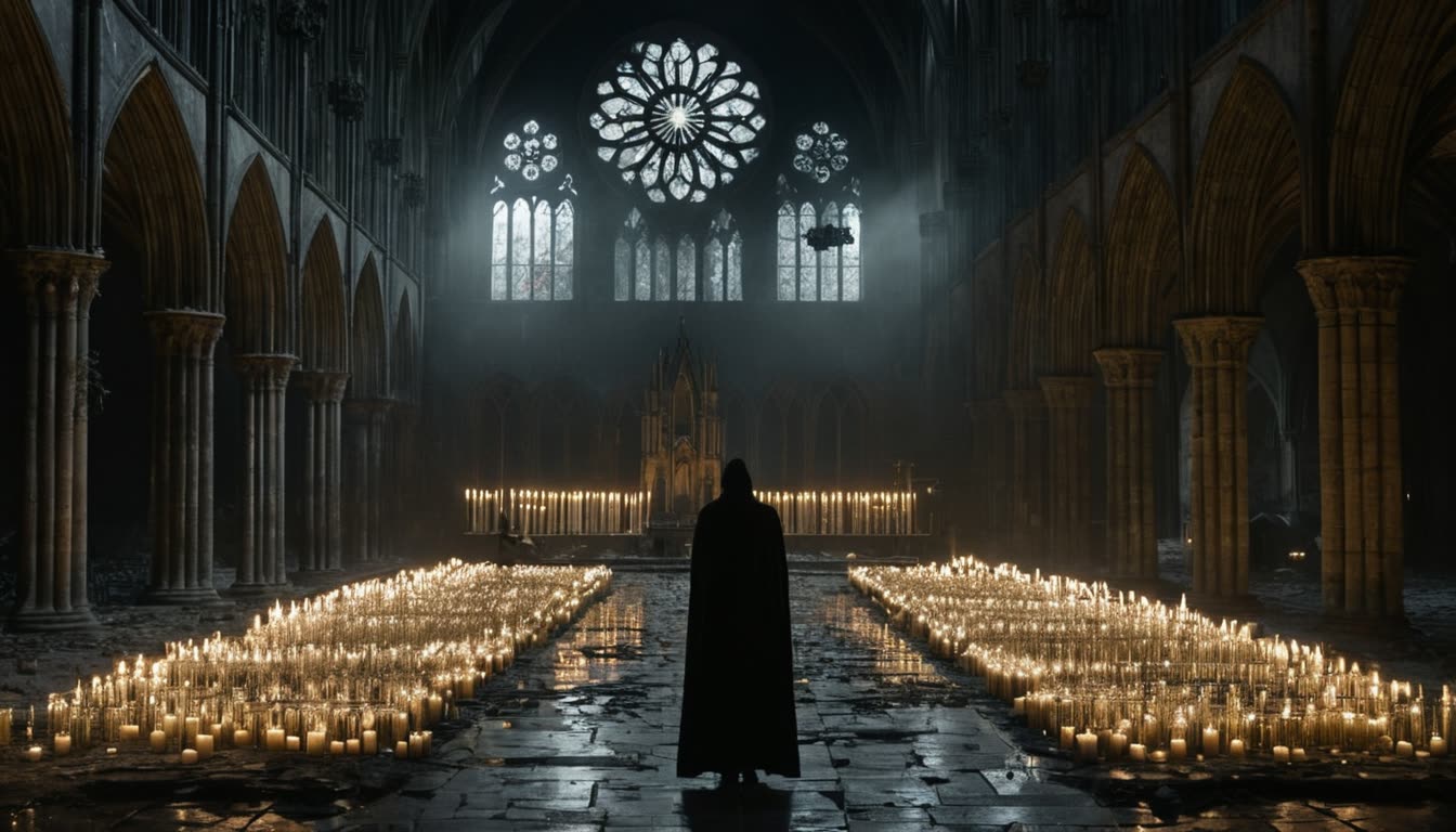 A lone cloaked figure standing at the end of a candlelit, ruined gothic cathedral, silhouetted beneath a shattered rose window.