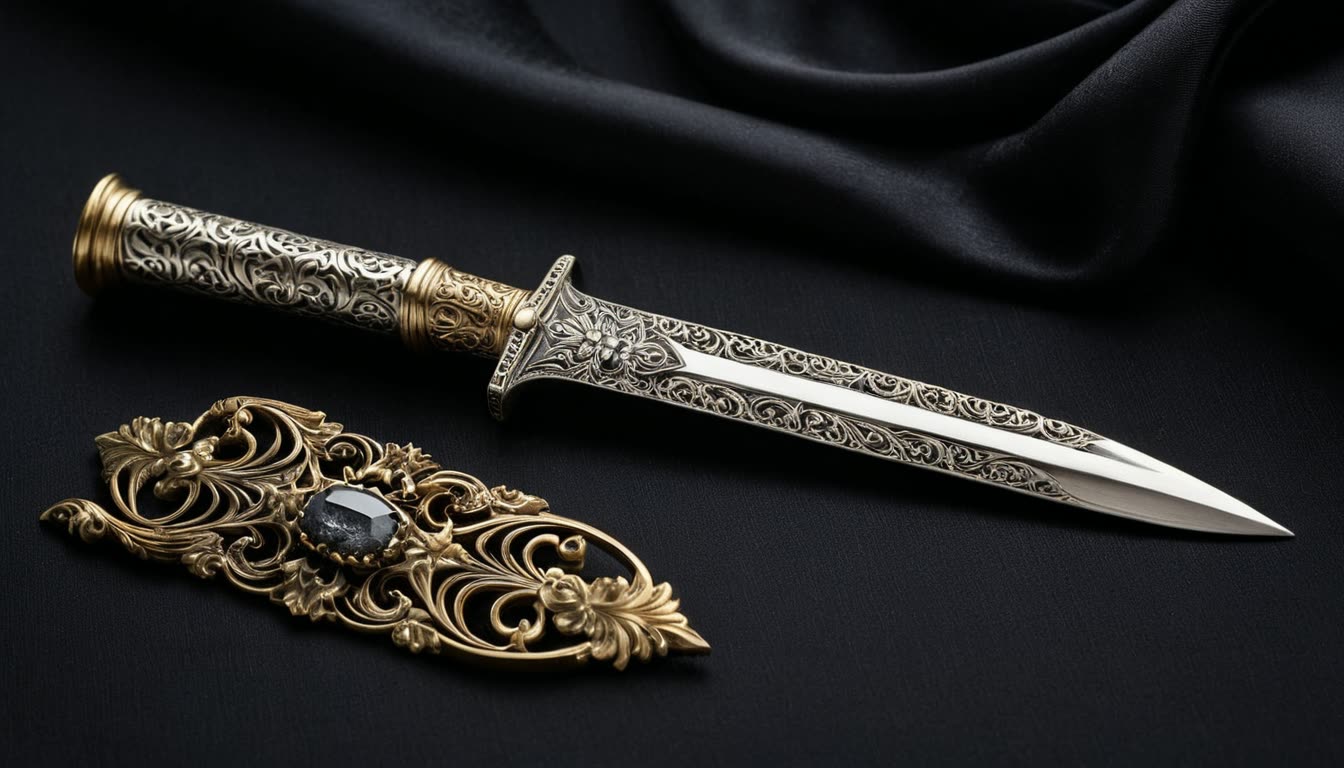 An ornate engraved silver dagger and a gold filigree scabbard resting on black silk in low candlelight.