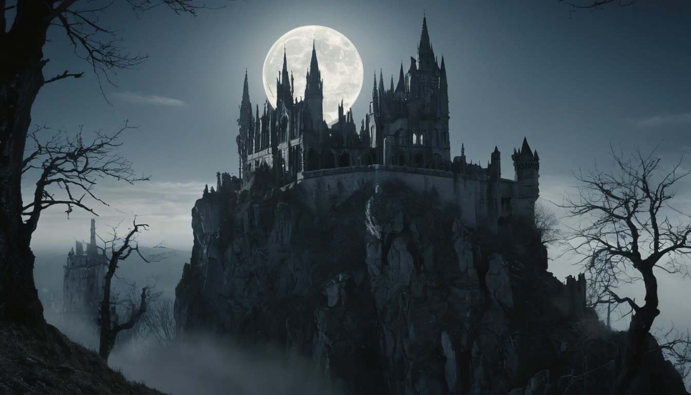 A crumbling gothic castle on a jagged cliff beneath a pale full moon, its ruined spires wreathed in mist.