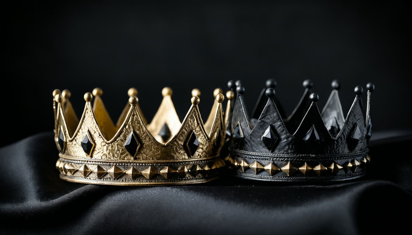 An antique gold crown and a blackened iron crown resting side by side on black silk, almost touching.